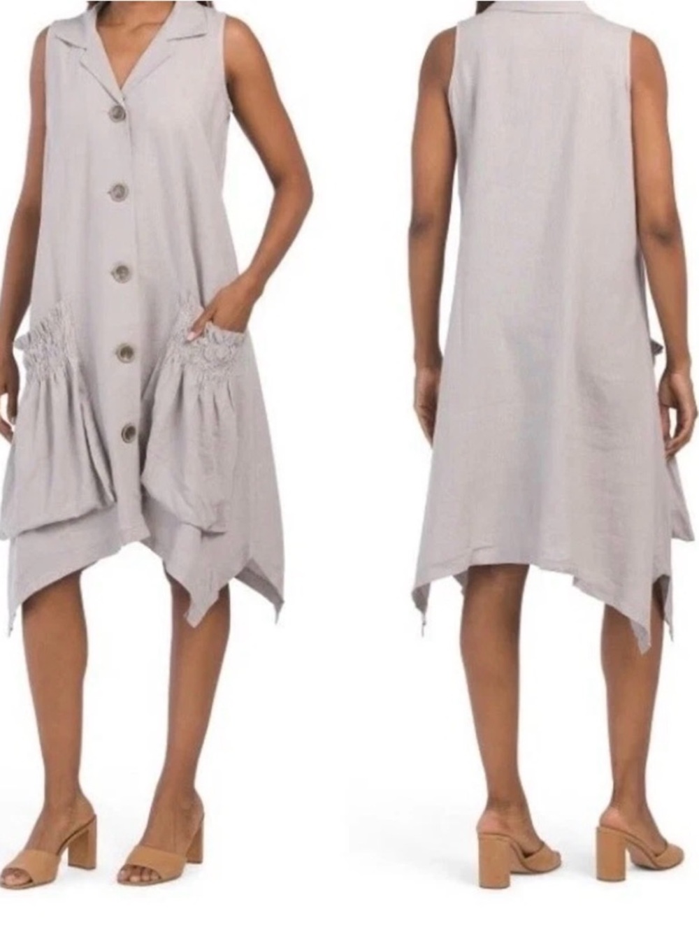 For Cynthia Sleeveless ButtonFront Asymmetric Hem Dress off white XS linen blend